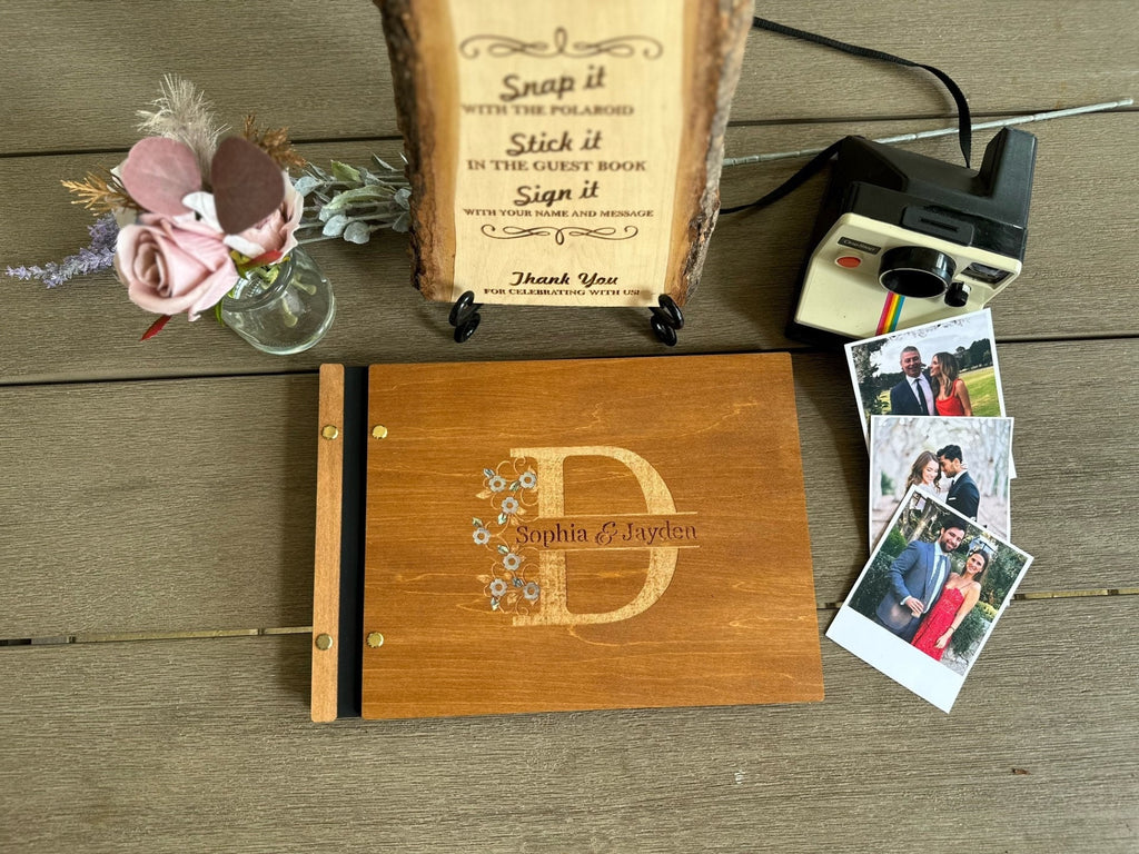 Personalized Polaroid Guest Book for Weddings - Engraved Wood Cover, Photos & Messages, Rustic Photobooth Album