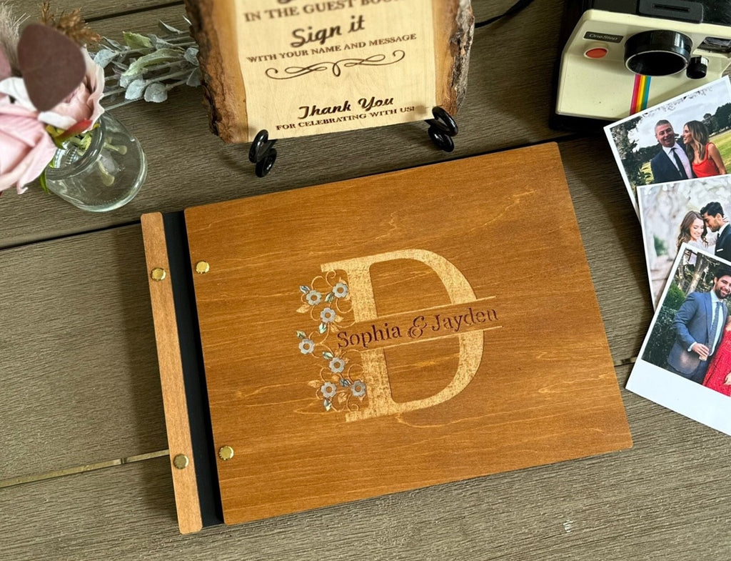 Personalized Polaroid Guest Book for Weddings - Engraved Wood Cover, Photos & Messages, Rustic Photobooth Album