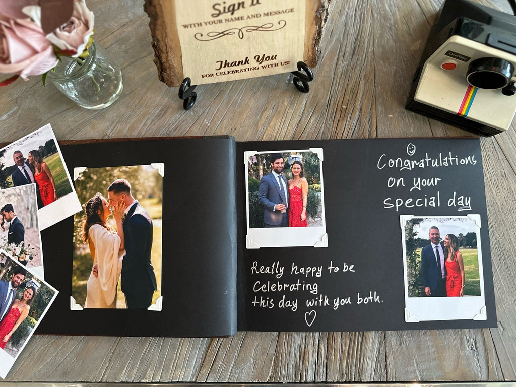 Personalized Polaroid Guest Book for Weddings - Engraved Wood Cover, Photos & Messages, Rustic Photobooth Album