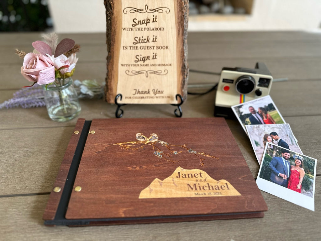 Personalized Polaroid Guest Book for Weddings - Engraved Wood Cover, Photos & Messages, Rustic Photobooth Album