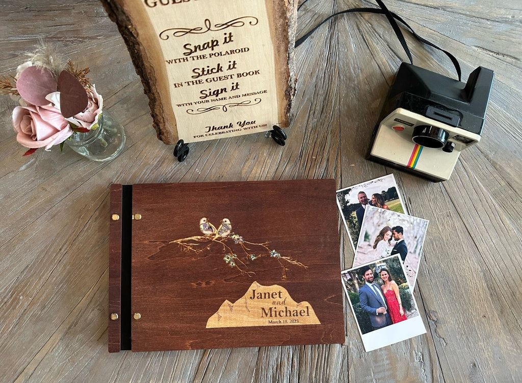 Personalized Polaroid Guest Book for Weddings - Engraved Wood Cover, Photos & Messages, Rustic Photobooth Album