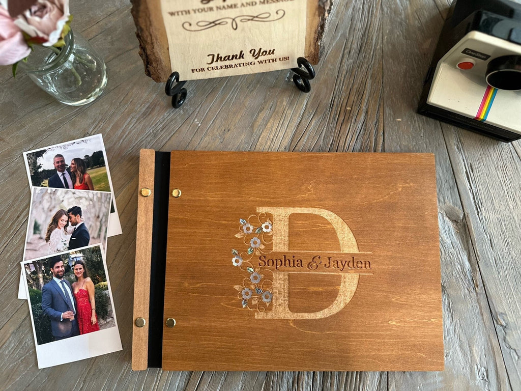 Personalized Polaroid Guest Book for Weddings - Engraved Wood Cover, Photos & Messages, Rustic Photobooth Album
