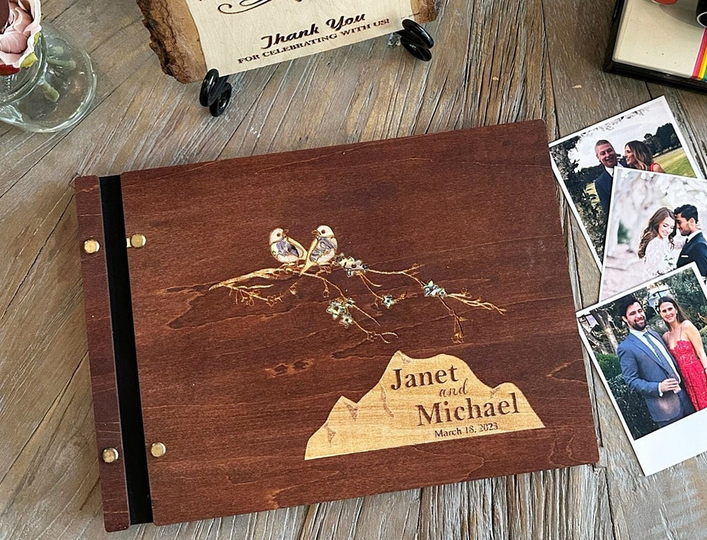 Personalized Polaroid Guest Book for Weddings - Engraved Wood Cover, Photos & Messages, Rustic Photobooth Album