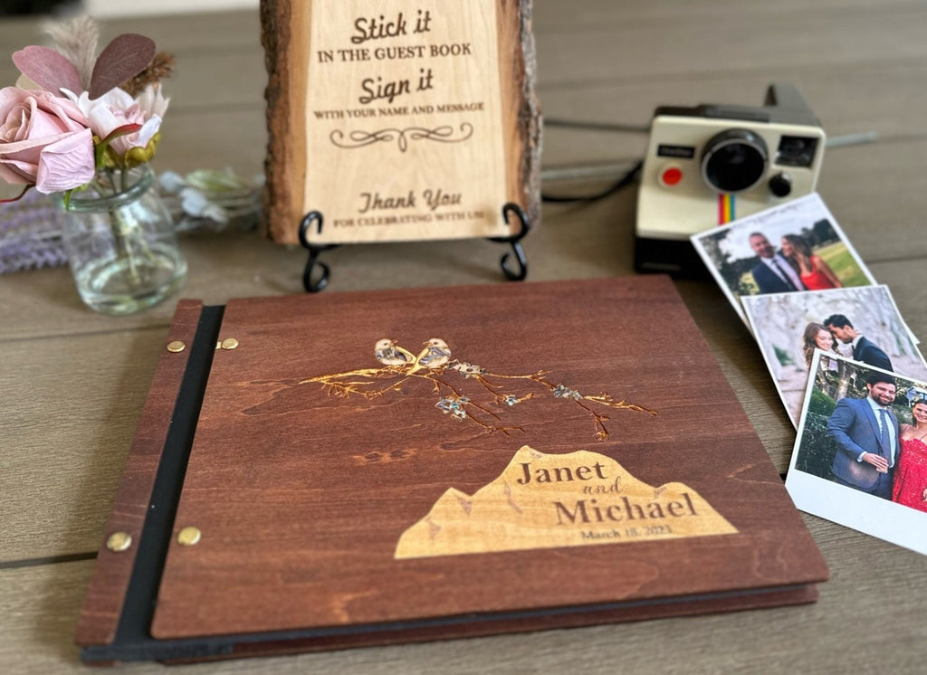 Personalized Polaroid Guest Book for Weddings - Engraved Wood Cover, Photos & Messages, Rustic Photobooth Album