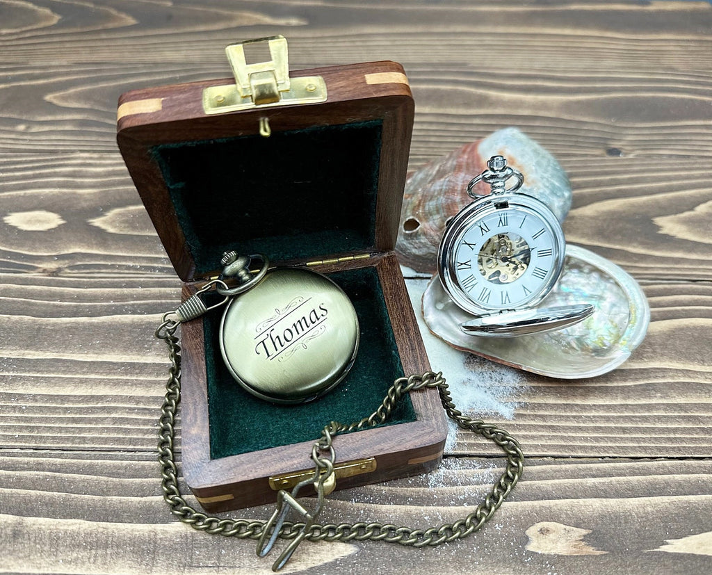 Engraved Pocket Watch in Exquisite Abalone Decorated Keepsake Box - Personalized Gift for Special Occasions