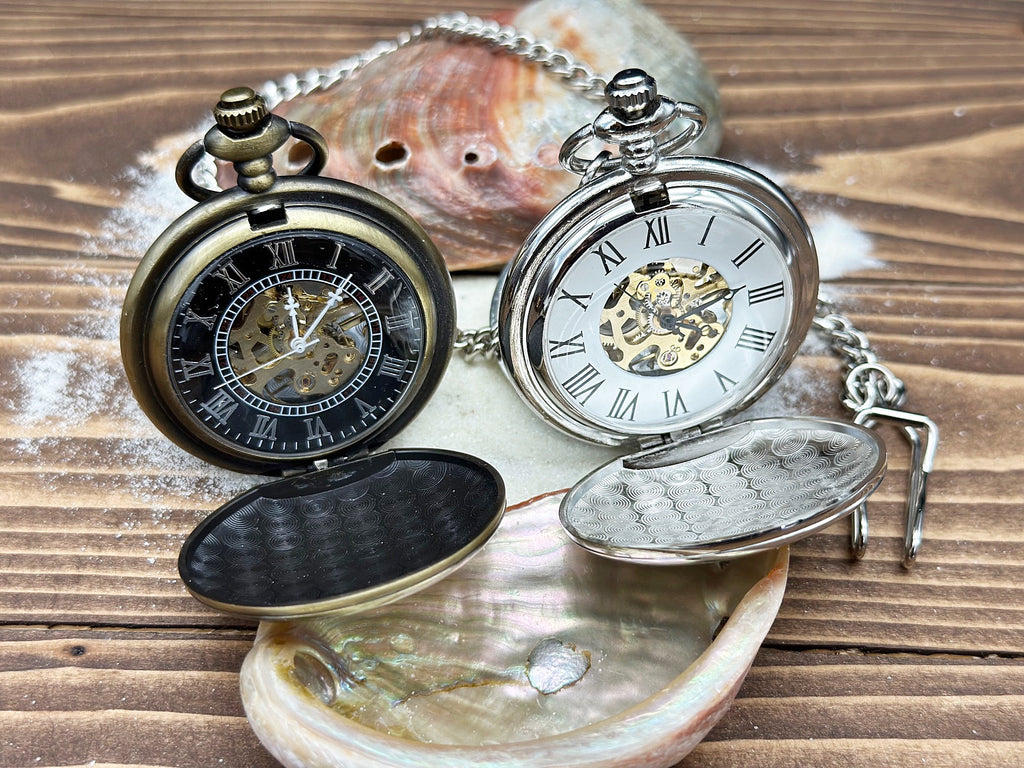 Engraved Pocket Watch in Exquisite Abalone Decorated Keepsake Box - Personalized Gift for Special Occasions