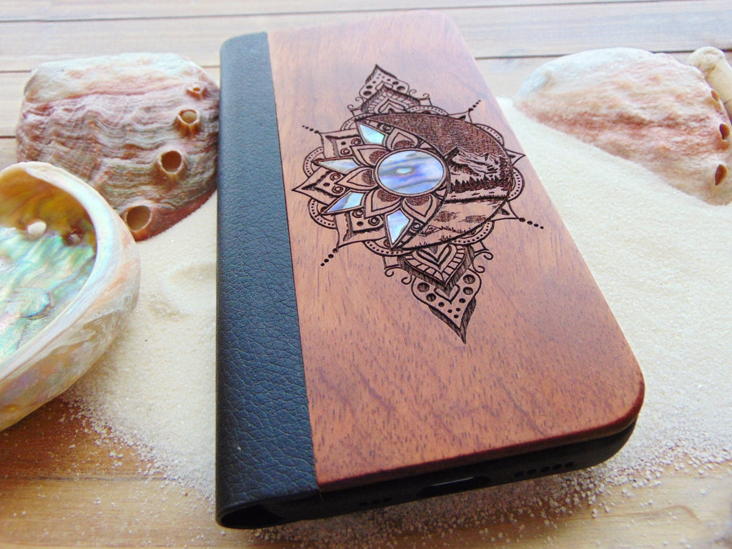 Wallet iphone case, iphone 13 pro max engraved wood case with abalone shell, personalized gift phone case, iphone 11, 12 pro max