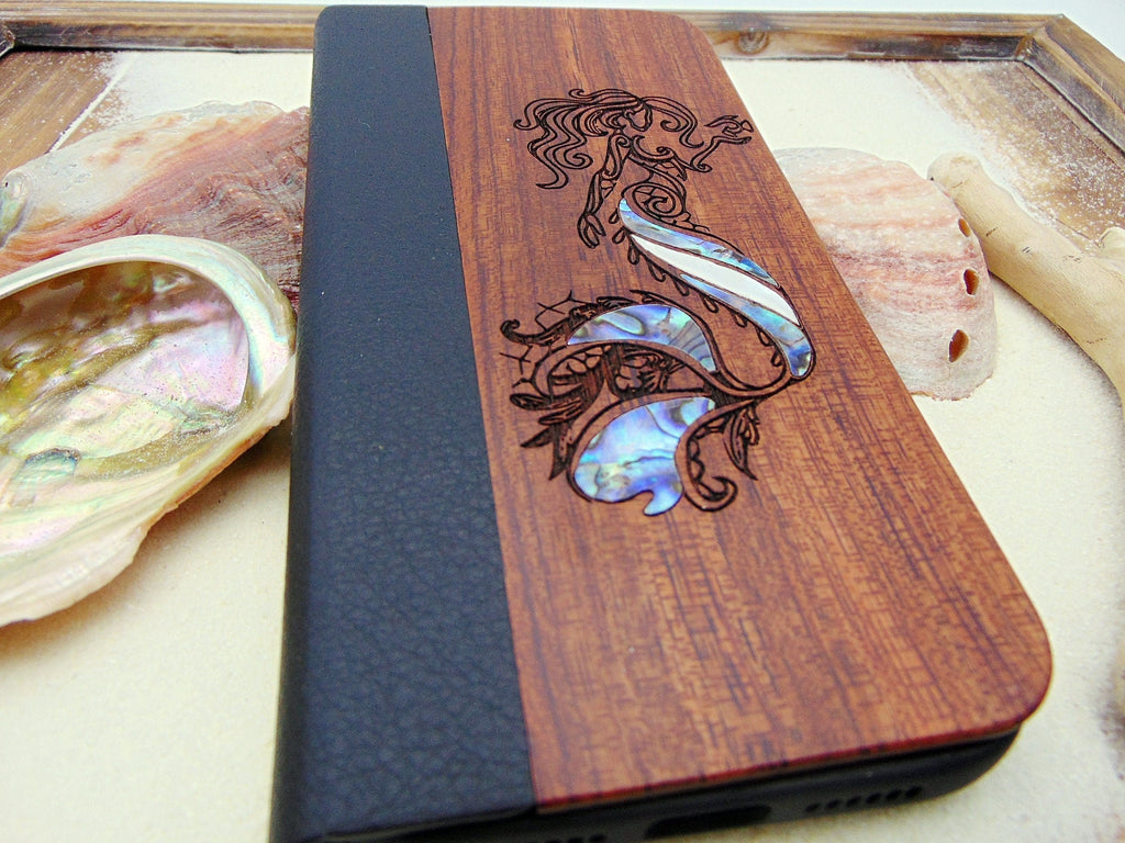 Wallet phone case, iphone 11, 12, 13 pro max Mermaid design engraved wood case with abalone shell, personalized birthday gift
