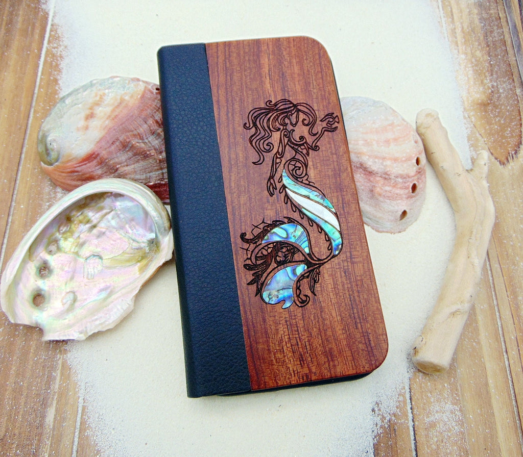 Wallet phone case, iphone 11, 12, 13 pro max Mermaid design engraved wood case with abalone shell, personalized birthday gift