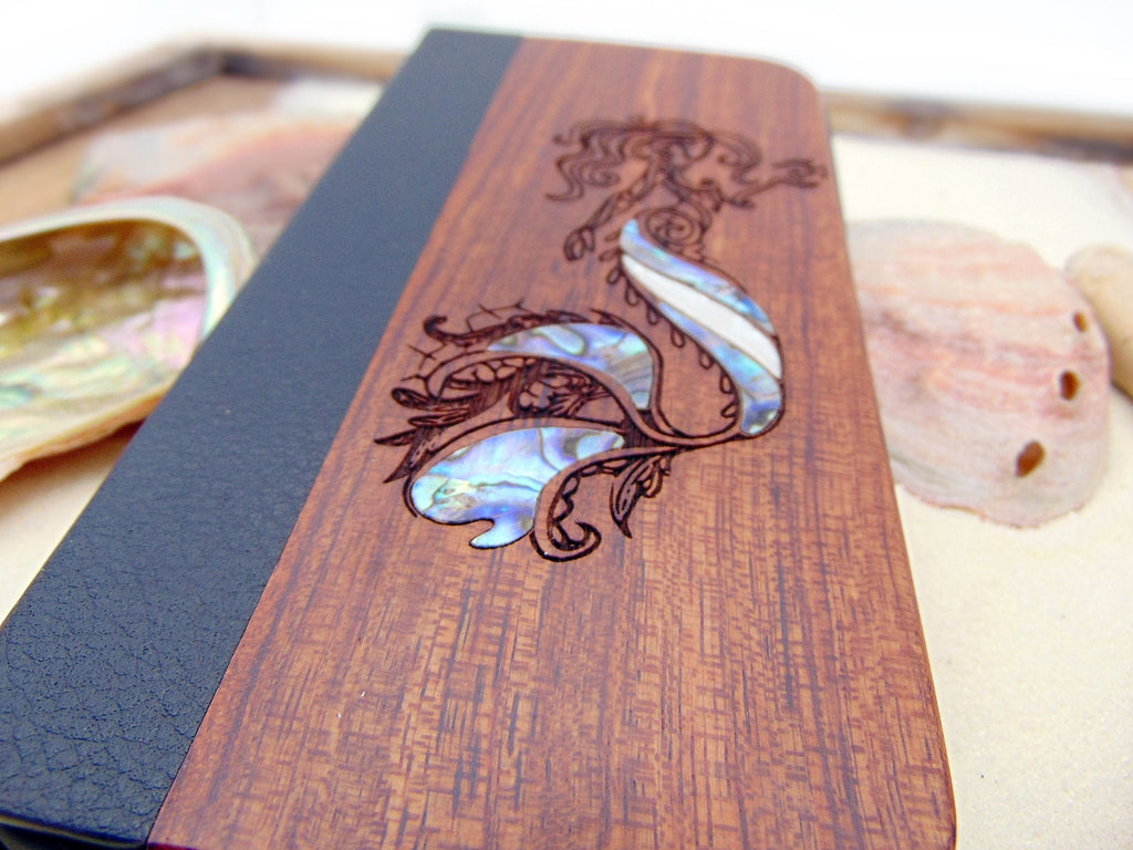 Wallet phone case, iphone 11, 12, 13 pro max Mermaid design engraved wood case with abalone shell, personalized birthday gift