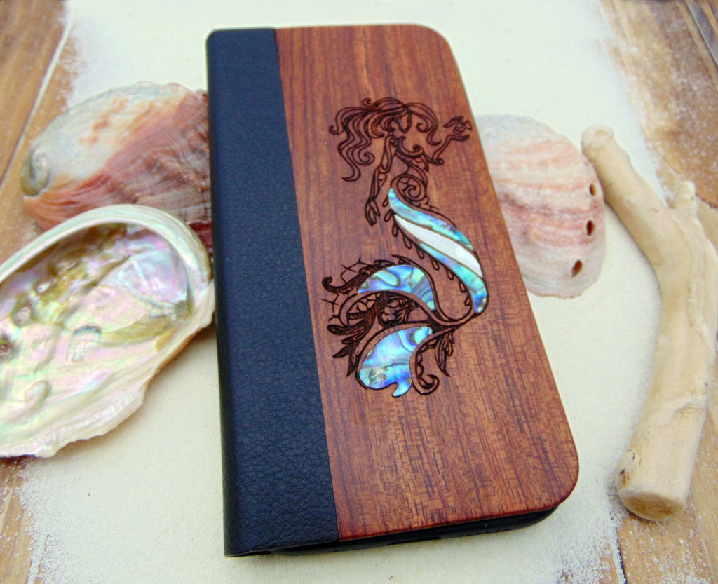 Wallet phone case, iphone 11, 12, 13 pro max Mermaid design engraved wood case with abalone shell, personalized birthday gift