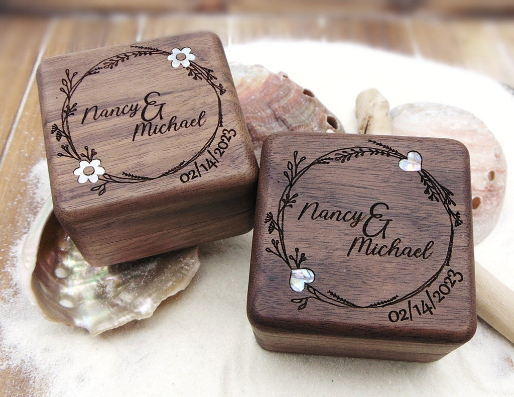 Personalized engagement ring box for wedding ceremony, custom engraved walnut ring bearer box Proposal, Wood ring box, Anniversary gift