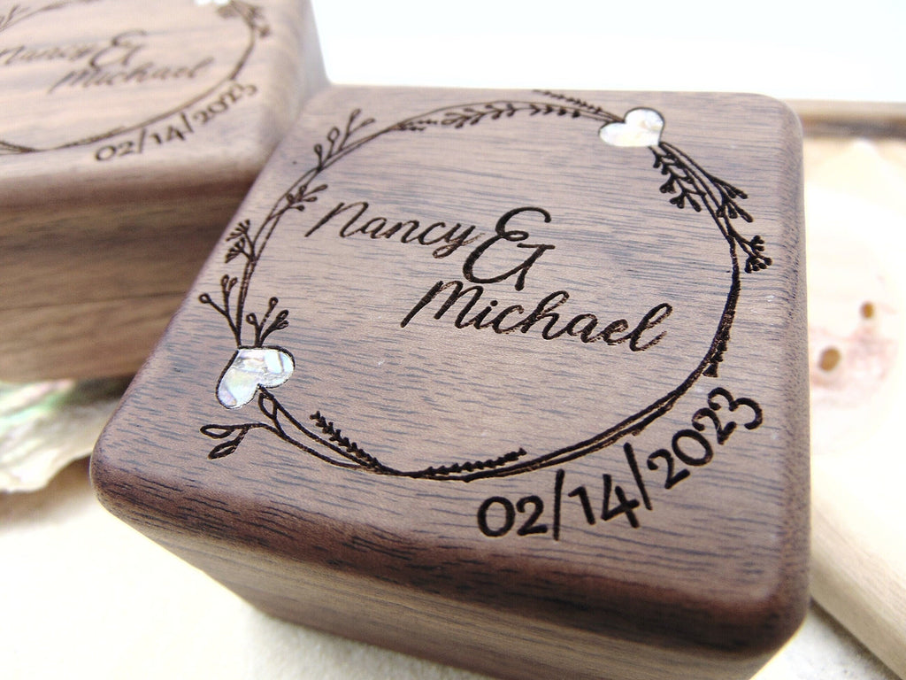 Personalized engagement ring box for wedding ceremony, custom engraved walnut ring bearer box Proposal, Wood ring box, Anniversary gift