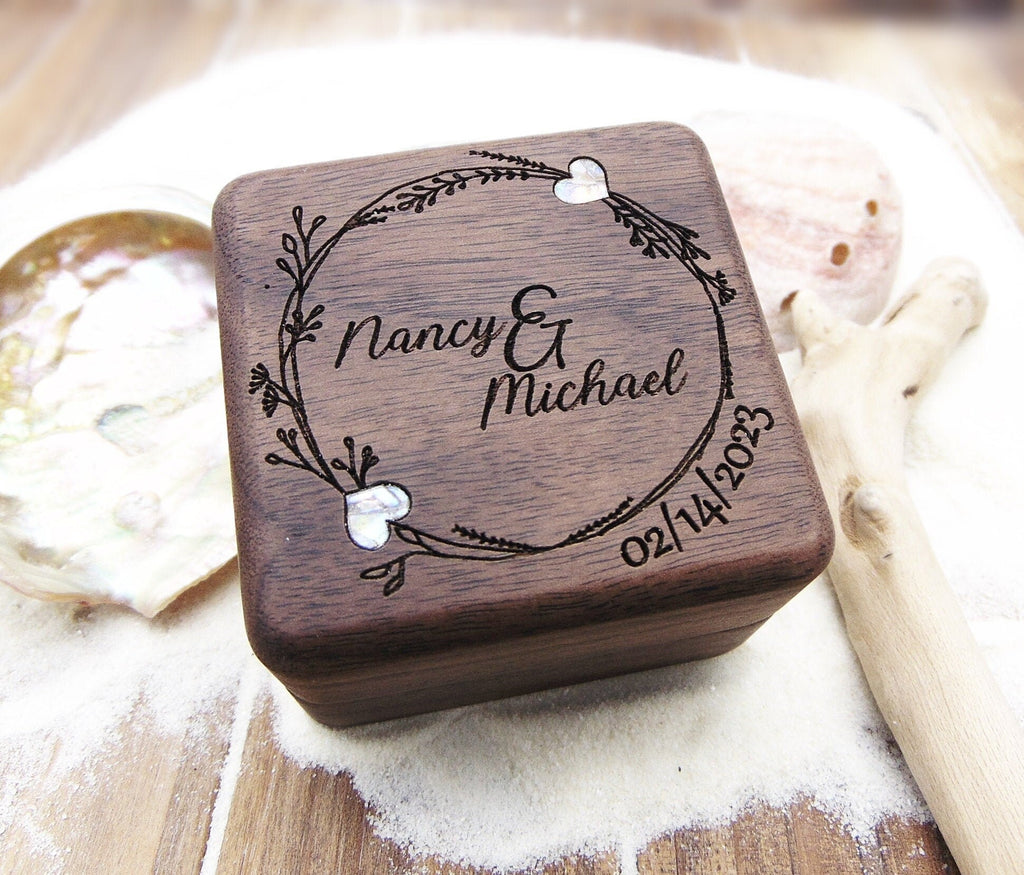 Personalized engagement ring box for wedding ceremony, custom engraved walnut ring bearer box Proposal, Wood ring box, Anniversary gift