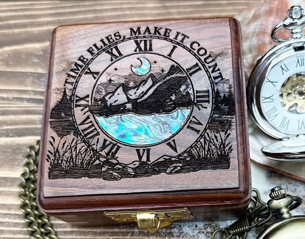 Engraved Pocket Watch in Exquisite Abalone Decorated Keepsake Box - Personalized Gift for Special Occasions