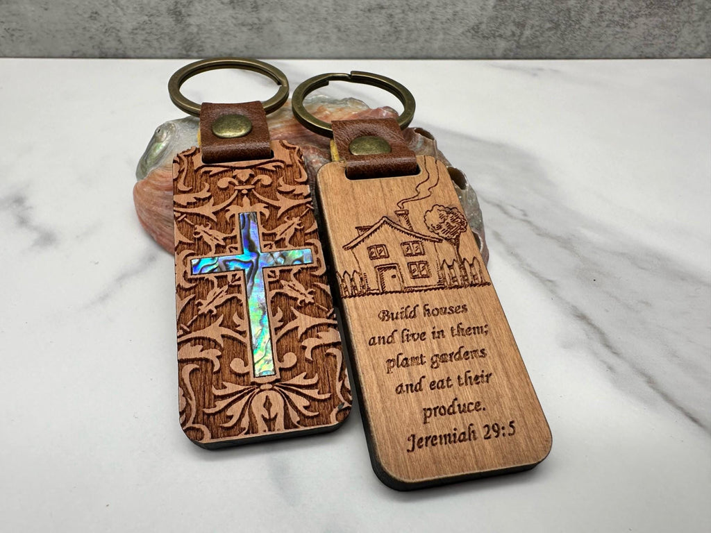Custom Religious Wood Keychain Gift - Abalone Shell Inlay Decorated Wooden Keychain