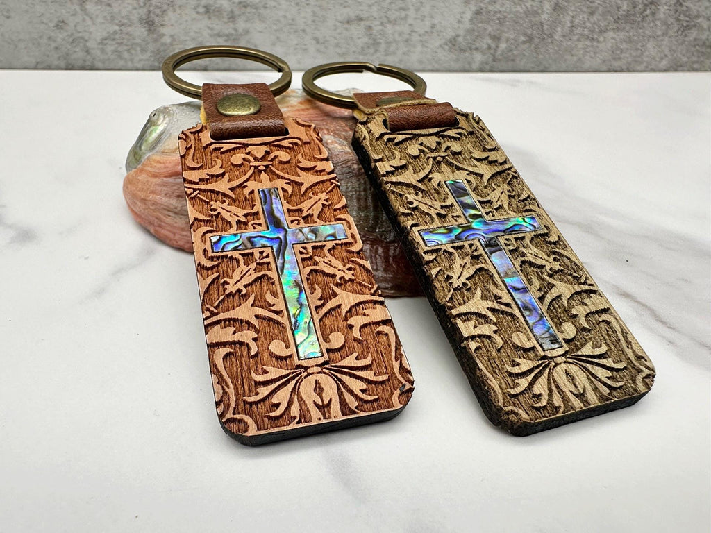 Custom Religious Wood Keychain Gift - Abalone Shell Inlay Decorated Wooden Keychain