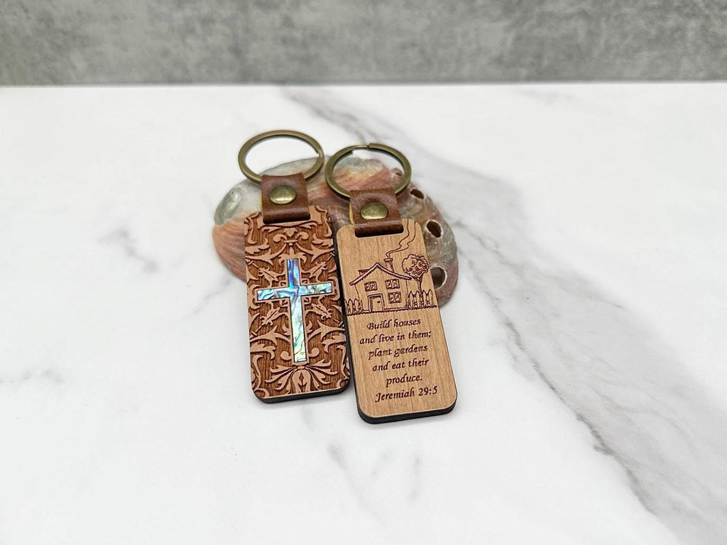 Custom Religious Wood Keychain Gift - Abalone Shell Inlay Decorated Wooden Keychain