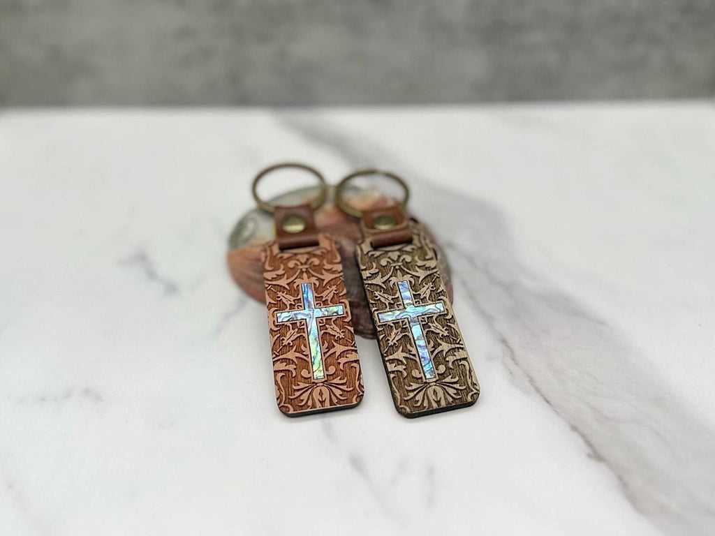Custom Religious Wood Keychain Gift - Abalone Shell Inlay Decorated Wooden Keychain