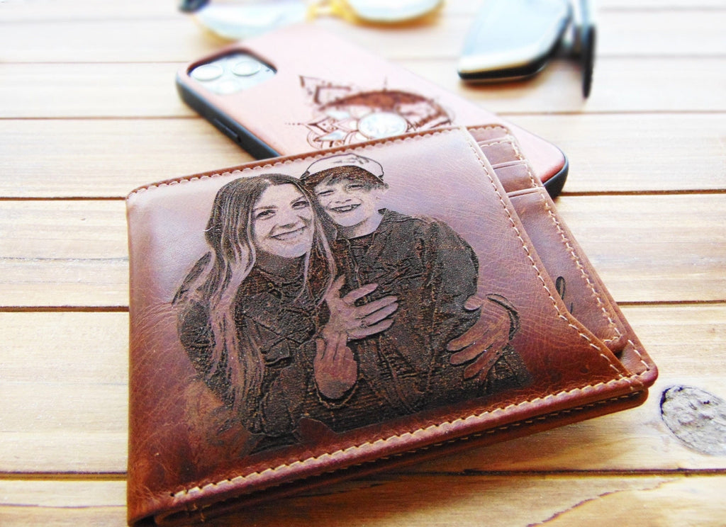 Personalized Christmas gift for him, leather mens wallet with removable cardholder, custom birthday gift, photo engraved RFID blocking