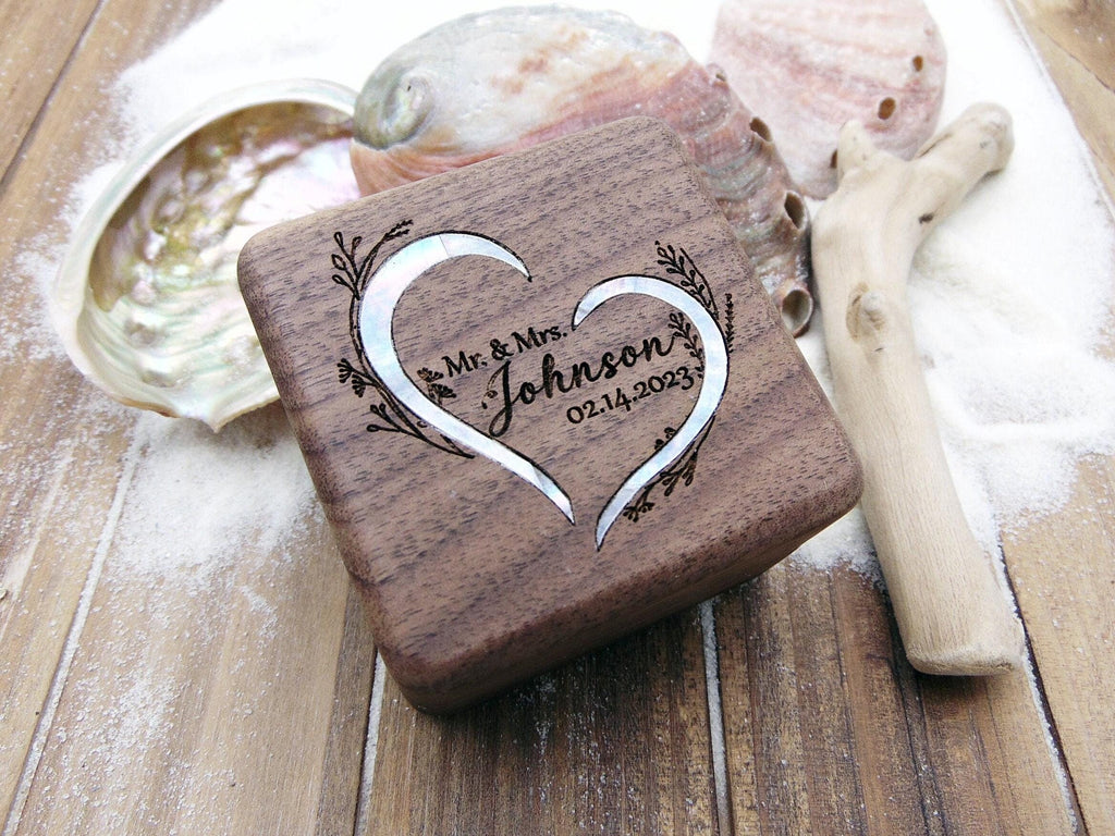 Personalized engagement ring box for wedding ceremony, custom engraved walnut ring bearer box Proposal, Wood ring box, Anniversary gift