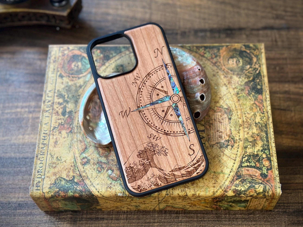 iPhone 16, 15, 14, 13, Pro Max case, Samsung GalaxyS24, S23, S22 ultra, Compass design, personalized gift abalone shell inlay phone case