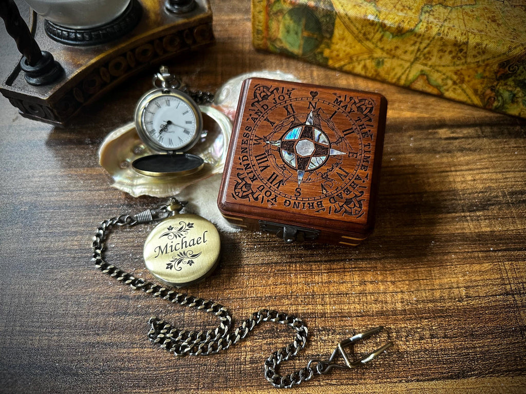 Personalized Pocket Watch in Abalone Decorated Keepsake Box - Sentimental Gifts for Boyfriend - Groomsmen Gift