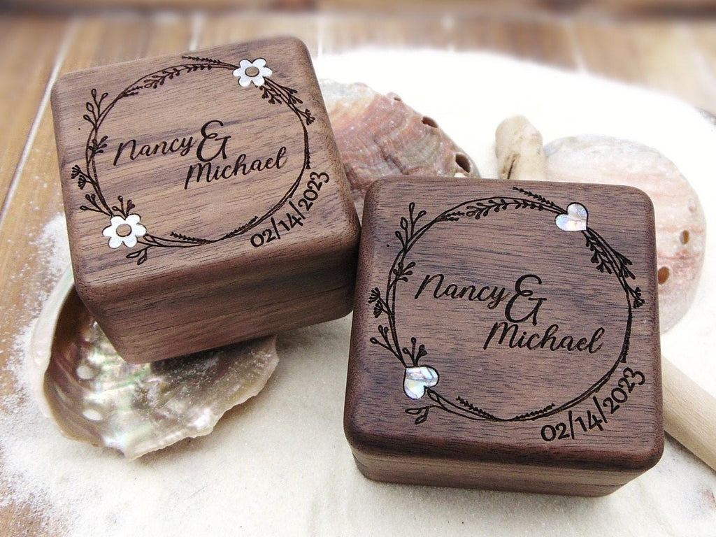 Personalized engagement ring box for wedding ceremony, custom engraved walnut ring bearer box Proposal, Wood ring box, Anniversary gift