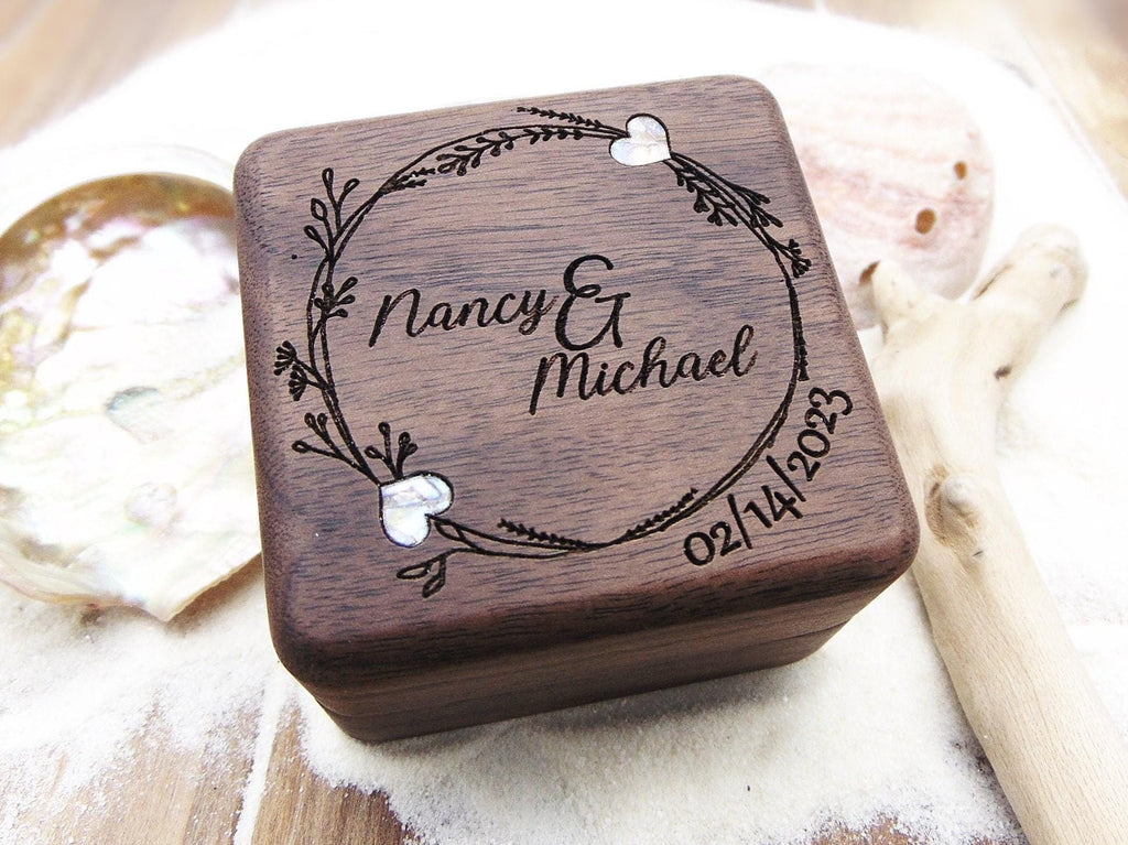 Personalized engagement ring box for wedding ceremony, custom engraved walnut ring bearer box Proposal, Wood ring box, Anniversary gift