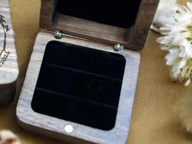 Personalized engagement ring box for wedding ceremony, custom engraved walnut ring bearer box Proposal, Wood ring box, Anniversary gift